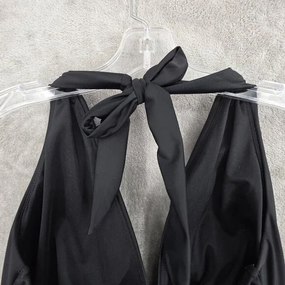 DKNY 1 Piece Swimsuit L Black Halter Ruched Tummy Control Beach Pool Vacay Solid - Picture 7 of 11
